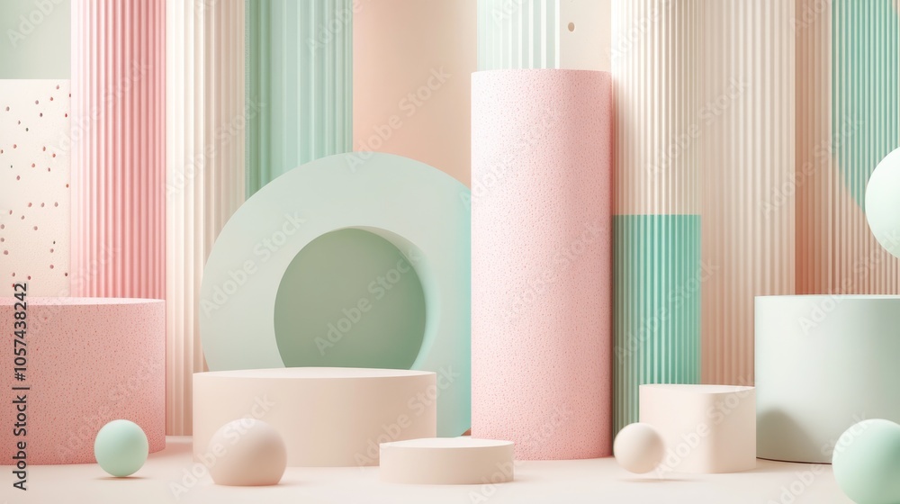 3D render featuring an abstract background with cut cylinders and primitive geometric shapes showcasing a pastel color palette and minimal design elements 3D render featuring an abstract background with cut cylinders and primitive geometric shapes showcasing a pastel color palette and minimal design elements
