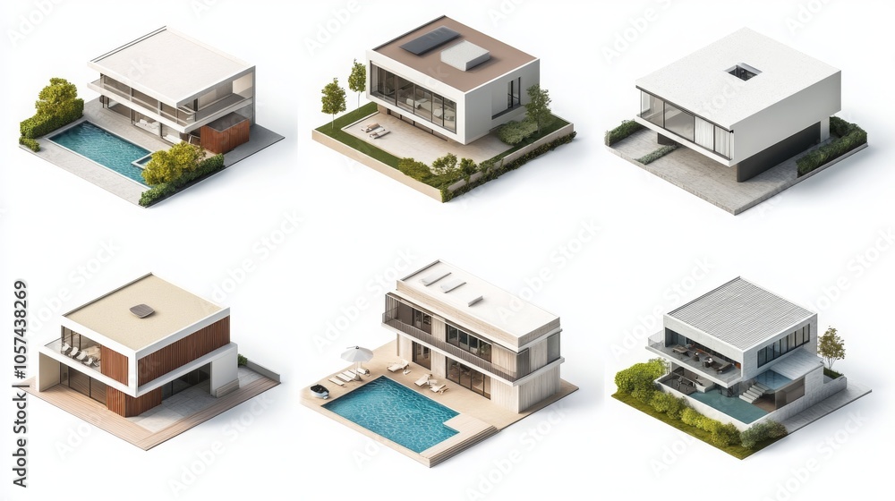 Isolated 3D render of a modern house with a luxurious swimming pool, viewed from various angles on a white background. Isolated 3D render of a modern house with a luxurious swimming pool, viewed from various angles on a white background.