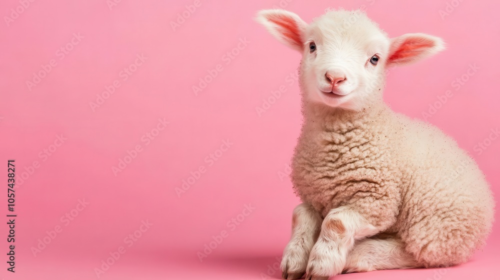 Fototapeta premium Fluffy baby lamb sitting on a solid pink background, sweet and soft