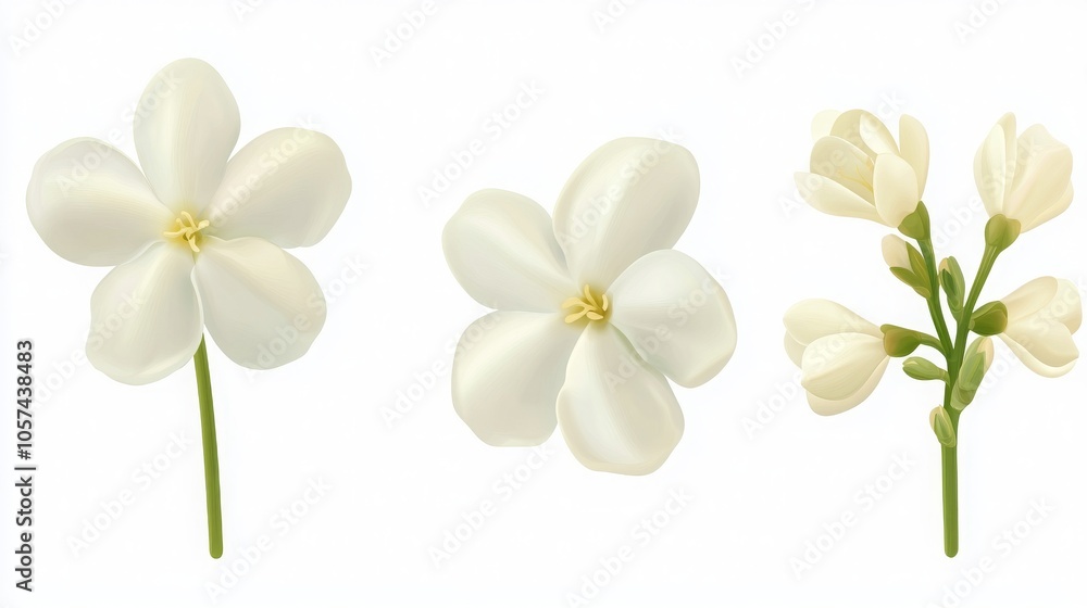 Isolated jasmine flower on a white background; highly detailed and realistic floral illustration Isolated jasmine flower on a white background; highly detailed and realistic floral illustration