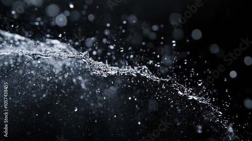 Water mist spray with droplets in motion against a black background