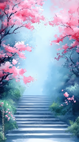 Enchanting Dreamy Pathway with Pink Cherry Blossoms and Serene Misty Forest, Lush Green Foliage, Nature Landscape, Tranquil Stairs Leading into Tranquility