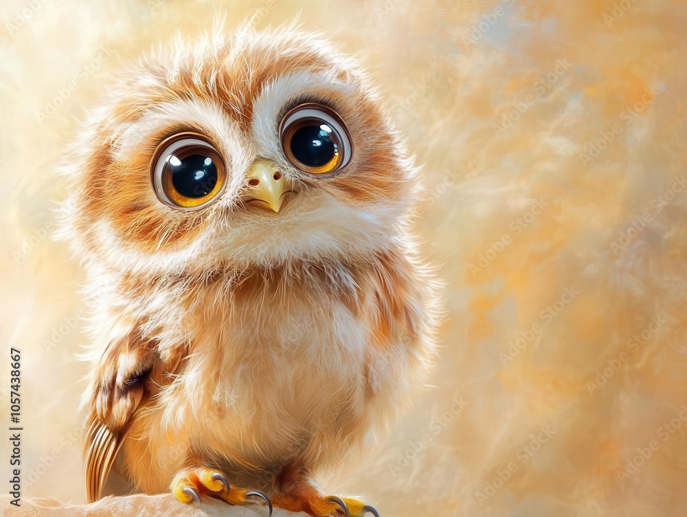 Fluffy baby owl with wide eyes on a solid beige background, curious and adorable Fluffy baby owl with wide eyes on a solid beige background, curious and adorable