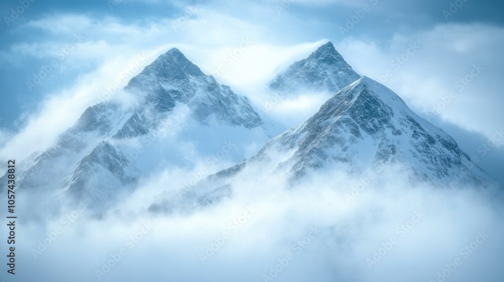 Mountain Peaks Under a Winter Veil of Fog: Snow-covered mountain peaks partially visible through layers of soft fog, creating a Mountain Peaks Under a Winter Veil of Fog: Snow-covered mountain peaks partially visible through layers of soft fog, creating a