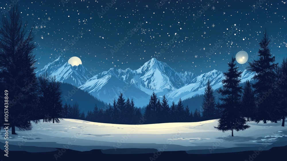 Fototapeta premium Snowy mountain landscape at night with trees in the foreground