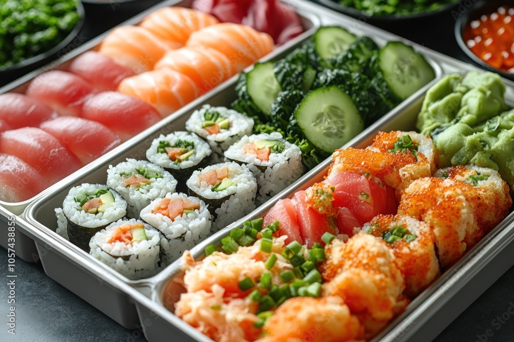 A vibrant assortment of sushi and sashimi displayed in a tray, showcasing various flavors. A vibrant assortment of sushi and sashimi displayed in a tray, showcasing various flavors.