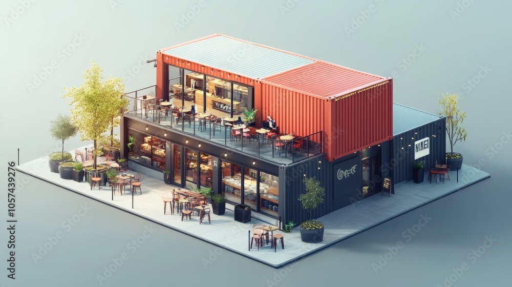 Isometric, minimal-style 3D render of a cafe and restaurant built from shipping containers; architectural digital art with a unique look. 