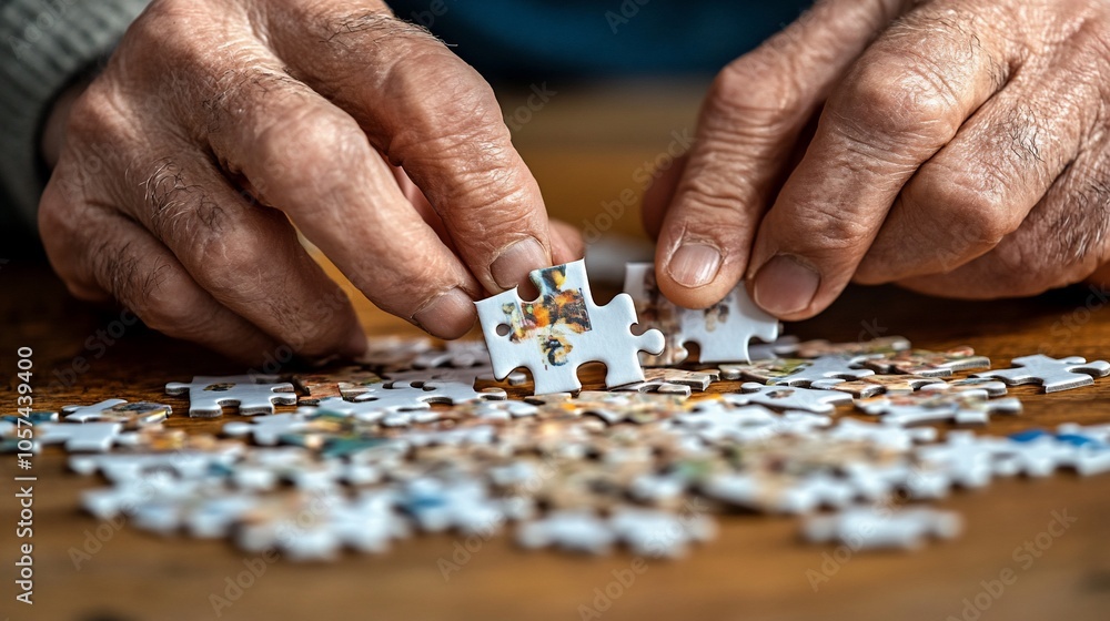 Close-up of elderly hands putting together a jigsaw puzzle. Close-up of elderly hands putting together a jigsaw puzzle.