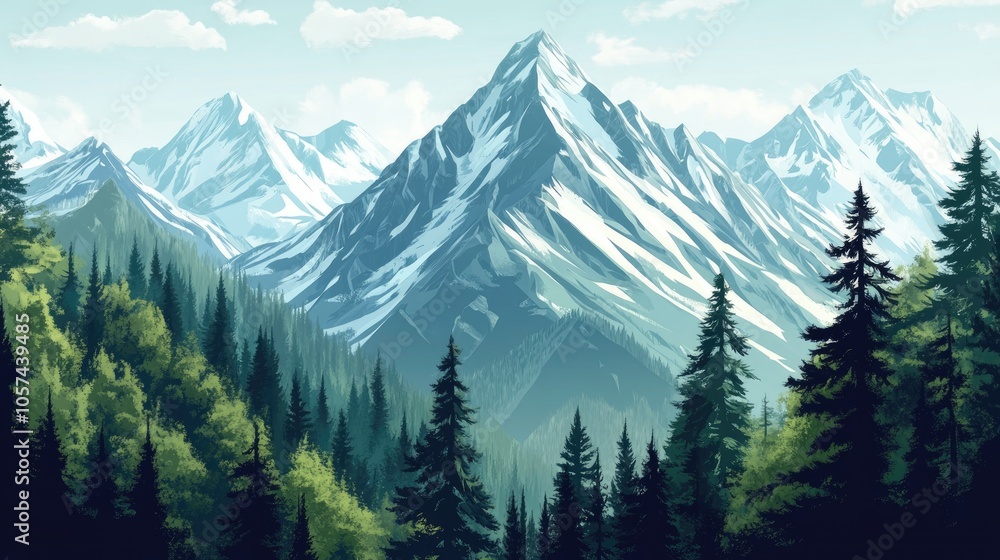 Fototapeta premium Breathtaking mountain scenery featuring snow capped rugged peaks surrounded by evergreen forests Perfect for wall art outdoor campaigns and conservation initiatives