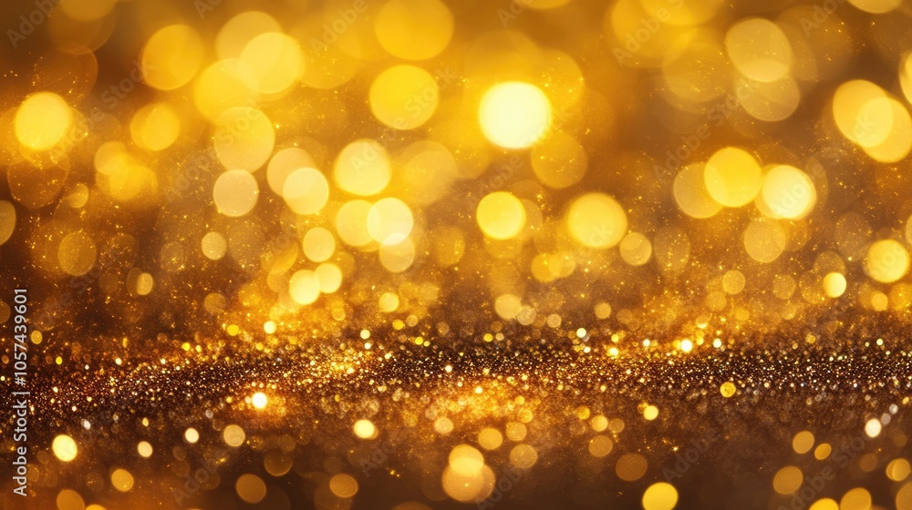 Obraz premium Golden glitter texture with bokeh lights creating an abstract background for festive celebrations featuring high contrast colors and ample copy space