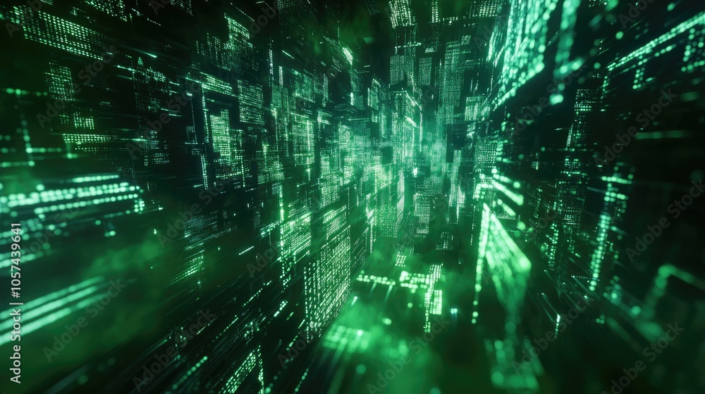 Abstract green digital background featuring a futuristic cyberspace aesthetic combining technology and art in an innovative visual concept Abstract green digital background featuring a futuristic cyberspace aesthetic combining technology and art in an innovative visual concept