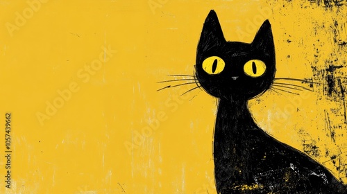 A black cat with a quirky and slightly eerie vibe contrasted against a vibrant yellow background evokes themes of superstition and ritual for a playful yet haunting ambiance