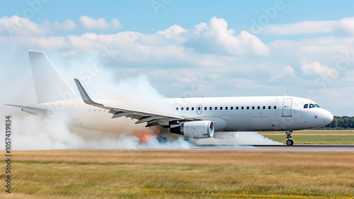 Emergency landing of airplane with gear malfunction. Airplane landing with smoke from landing gear. Commercial jet facing emergency landing situation.