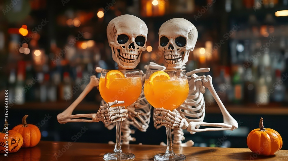 Skeletons couple drinking orange cocktails in bar. Halloween concept Skeletons couple drinking orange cocktails in bar. Halloween concept