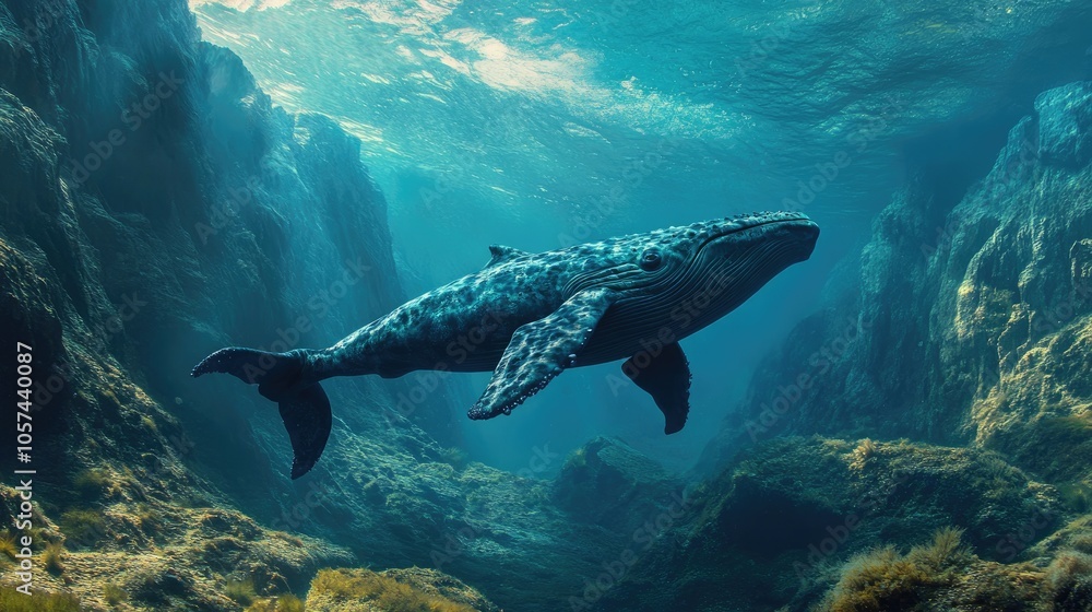 Naklejka premium Whale among an underwater mountain landscape