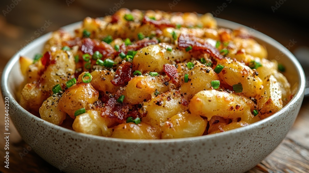 A delicious bowl of creamy pasta topped with crispy bacon and green onions.