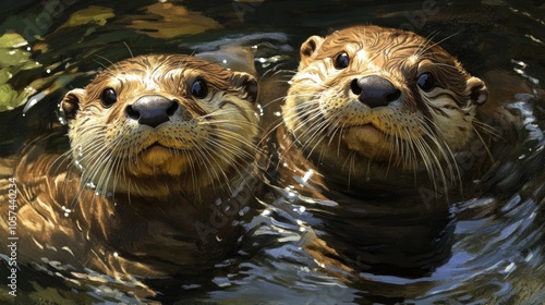 Two playful otters with inquisitive looks swim closely their glistening fur and faces reflecting as they float and explore a serene natural water setting