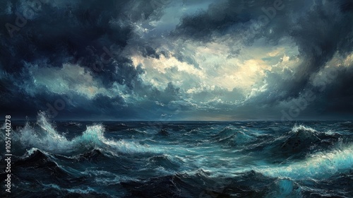 Stormy seascape with dark brooding clouds during twilight hours