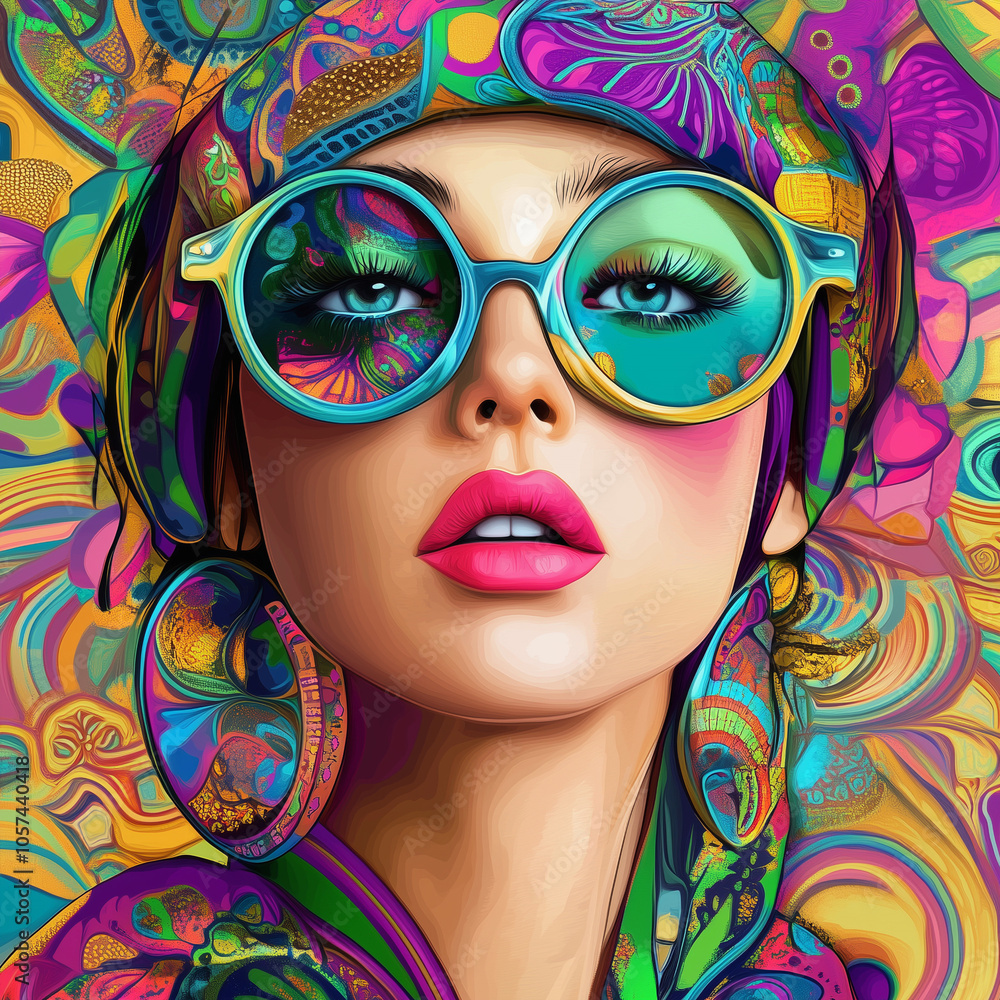 Fototapeta premium A vibrant portrait of a woman with large round glasses, set against an abstract, colorful background. She has expressive makeup and wears a scarf with a multicolored pattern