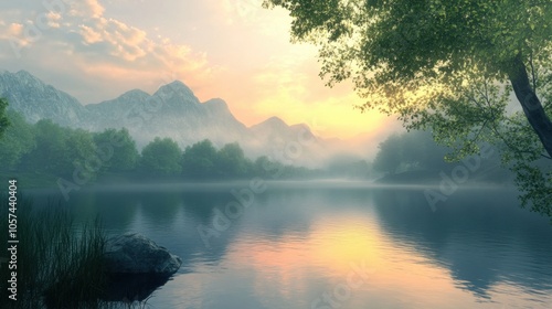 Serene Lake at Sunrise: A realistic photo of a tranquil lake reflecting the colors of a sunrise, surrounded by mist-covered photo