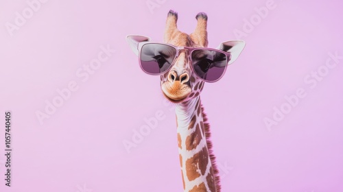 Silly Giraffe with Big Sunglasses A tall giraffe wearing oversized aviator sunglasses, with its head tilted playfully on a pastel
