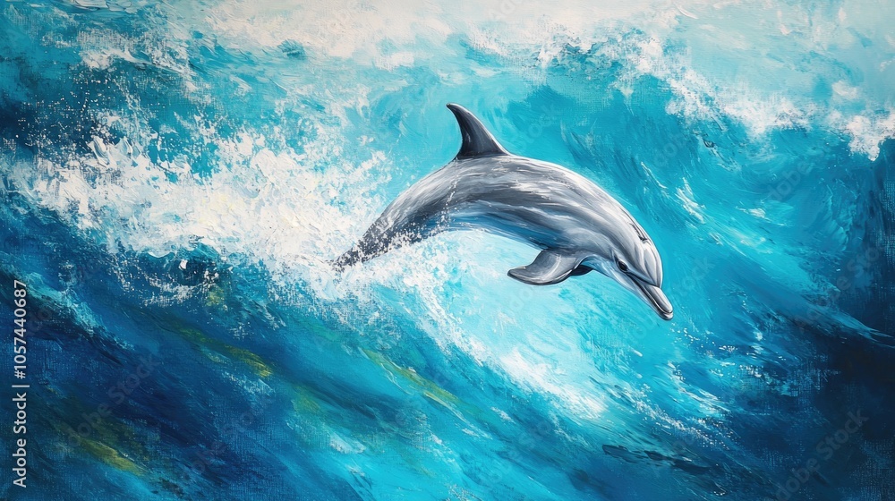 Obraz premium Dolphin leaps over the water gazing towards the viewer amidst the expanse of a vibrant blue ocean