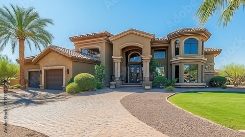 Luxury five-bedroom house in Litchfield Park, Arizona; stunning desert architecture with large windows and beautiful landscaping. -