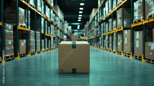 A focused cardboard box sits in the center of a spacious warehouse aisle lined with organized stacks of goods.