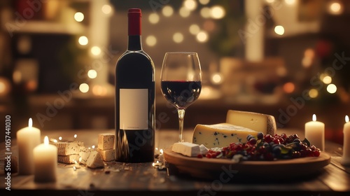 Wine and Cheese: A realistic photo of a bottle of red wine and a platter of assorted cheeses on a table, surrounded by candles and