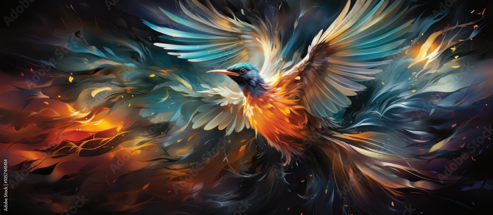 A vibrant, fiery bird emerges from swirling colors, symbolizing rebirth and transformation. A vibrant, fiery bird emerges from swirling colors, symbolizing rebirth and transformation.