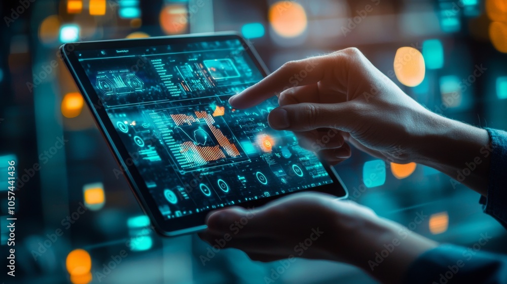 Hands using a tablet with futuristic data interface Hands using a tablet with futuristic data interface