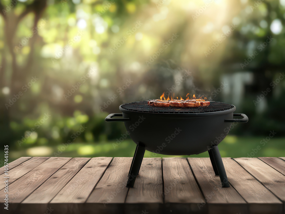 Sizzling sausages on a round charcoal grill in a sunlit garden setting. Sizzling sausages on a round charcoal grill in a sunlit garden setting.