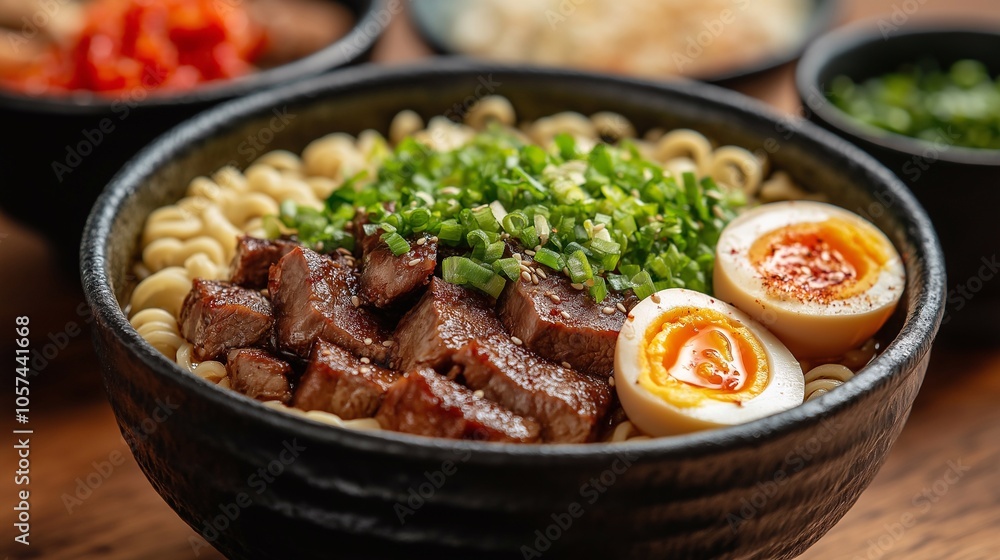 Japanese ramen with egg, meat and green onions Japanese ramen with egg, meat and green onions