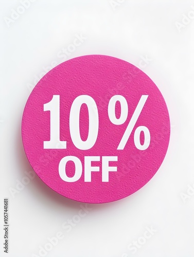 White '10% OFF' Text on a Fuchsia Round Paper Note. White Background 