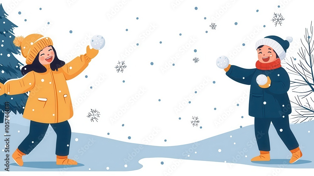 Kids playing with snowballs in a snowy park, bright winter clothes, joyful expressions, flying snowflakes Kids playing with snowballs in a snowy park, bright winter clothes, joyful expressions, flying snowflakes