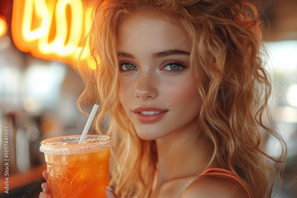 A young woman smiles while holding a refreshing drink in a vibrant setting. A young woman smiles while holding a refreshing drink in a vibrant setting.