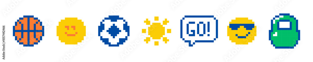 Obraz premium Cute sport emoji icon set. Pixel art. Naive childish design. Play balls. Abstract geometric simple pattern. Y2k playful pixels sticker. Mood of 90's aesthetics. 8 bit retro style vector illustration