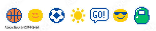 Cute sport emoji icon set. Pixel art. Naive childish design. Play balls. Abstract geometric simple pattern. Y2k playful pixels sticker. Mood of 90's aesthetics. 8 bit retro style vector illustration