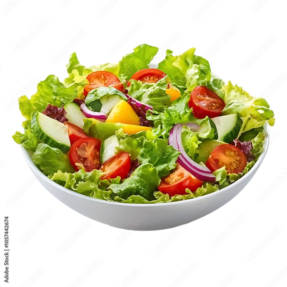 A fresh salad with lettuce, tomatoes, cucumbers, and red onions in a white bowl. A fresh salad with lettuce, tomatoes, cucumbers, and red onions in a white bowl.