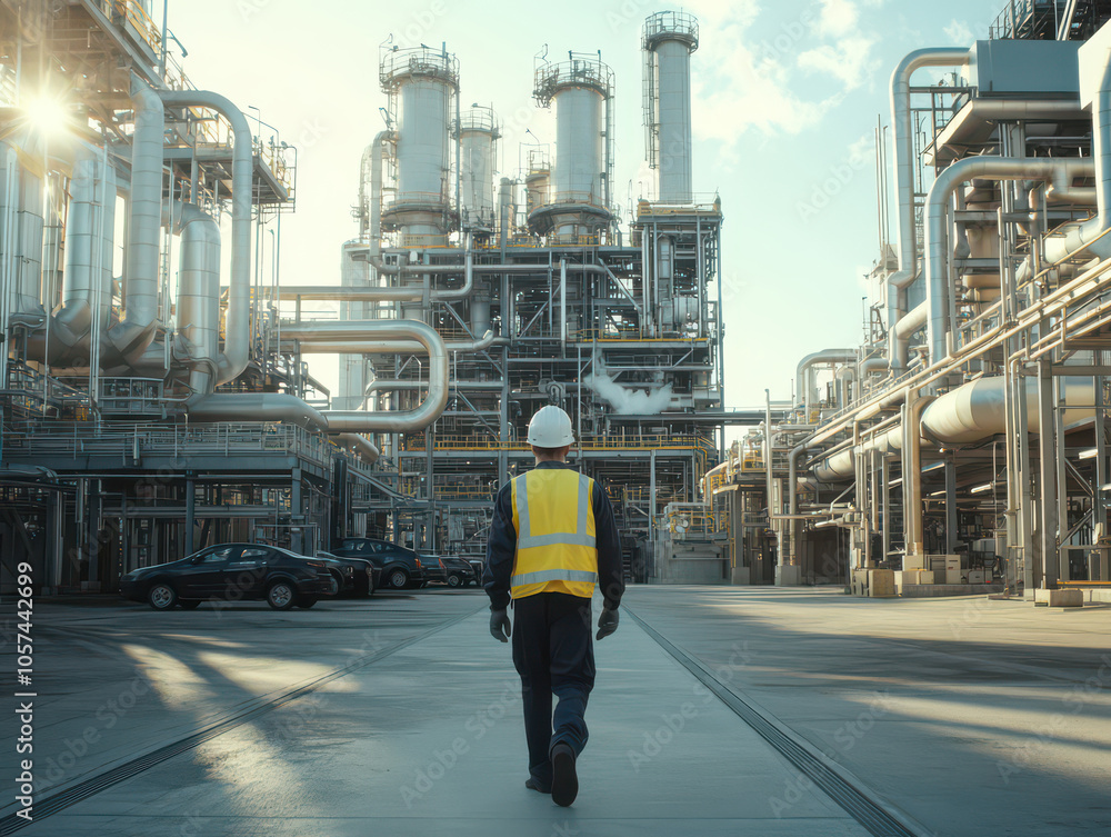 Engineer in safety vest and helmet approaches a large industrial plant under clear skies. Engineer in safety vest and helmet approaches a large industrial plant under clear skies.