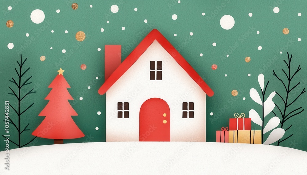 A cozy paper-cut style house surrounded by trees, presents, and falling snowflakes, evoking a festive, winter holiday atmosphere. A cozy paper-cut style house surrounded by trees, presents, and falling snowflakes, evoking a festive, winter holiday atmosphere.