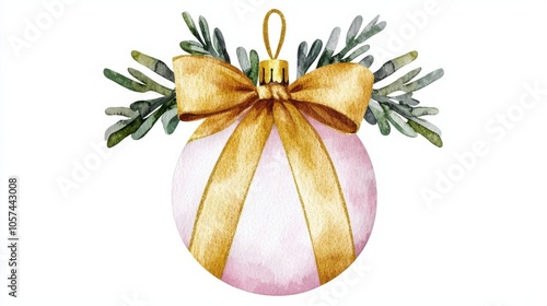 Christmas ornament with a golden bow and greenery, white isolated background.