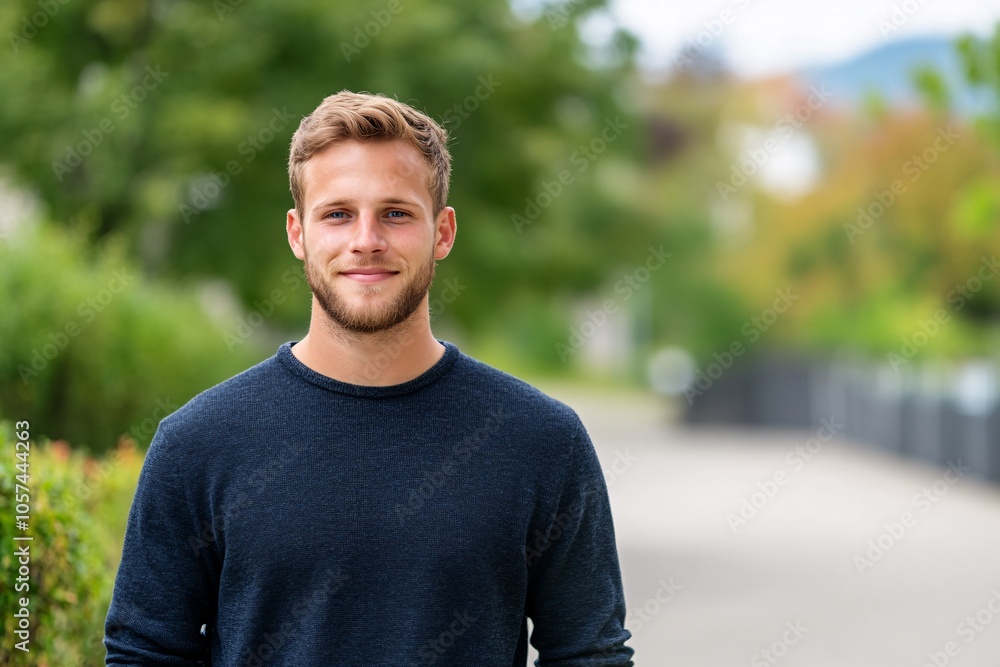 A smiling man stands outdoors, framed by greenery, wearing a dark sweater, exuding warmth and approachability in a tranquil setting. A smiling man stands outdoors, framed by greenery, wearing a dark sweater, exuding warmth and approachability in a tranquil setting.