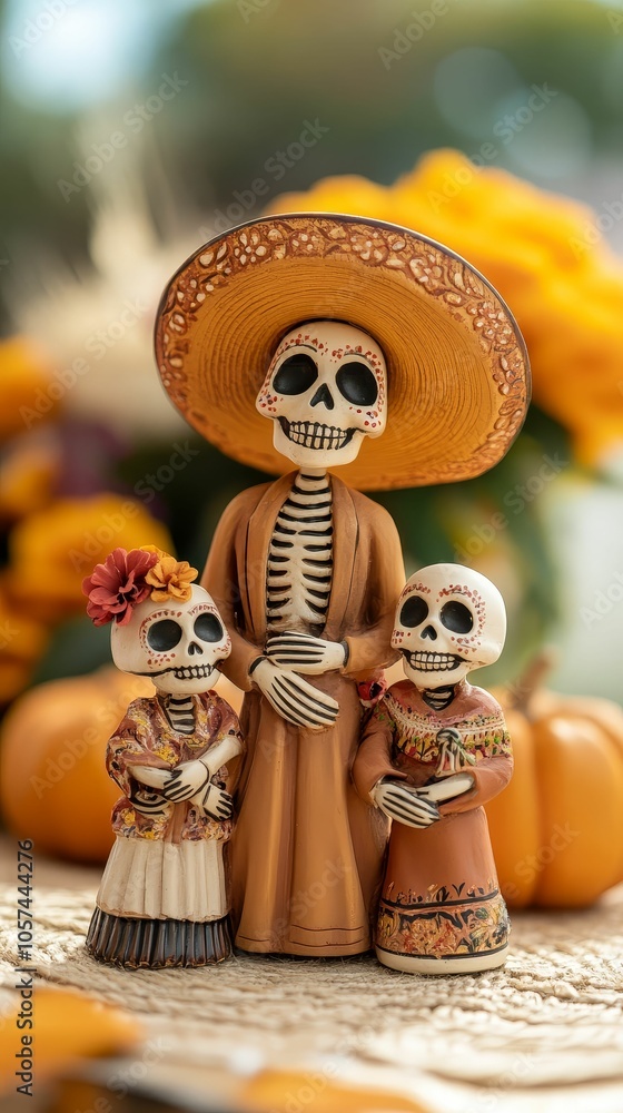 Fototapeta premium Skeleton family figurines dressed in traditional Mexican outfits, placed on a Day of the Dead altar