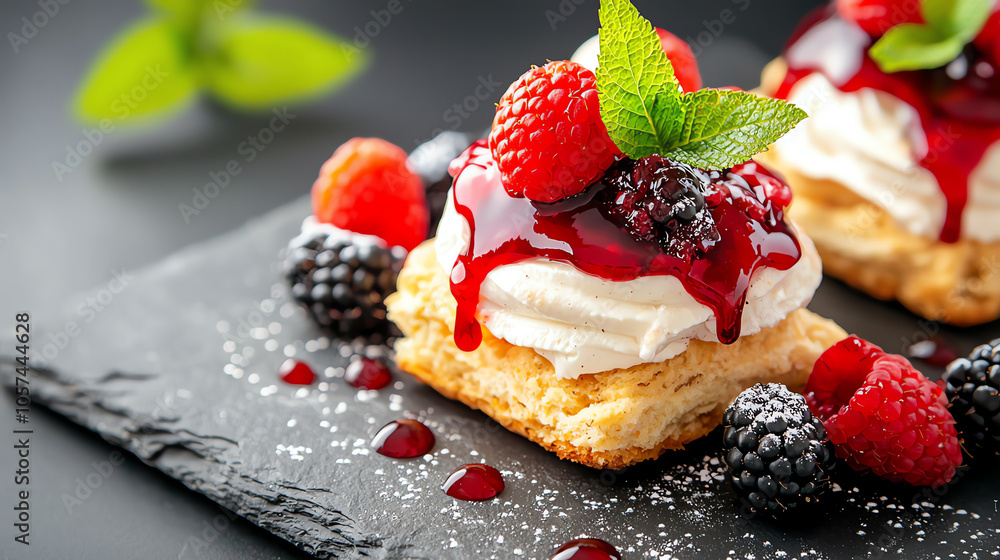 Gourmet presentation of scone with berry drizzle a decadent dessert delight Gourmet presentation of scone with berry drizzle a decadent dessert delight