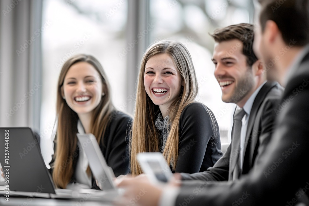 A group of young professionals smiling and engaged in conversation during a meeting, showcasing teamwork and positive workplace dynamics. A group of young professionals smiling and engaged in conversation during a meeting, showcasing teamwork and positive workplace dynamics.