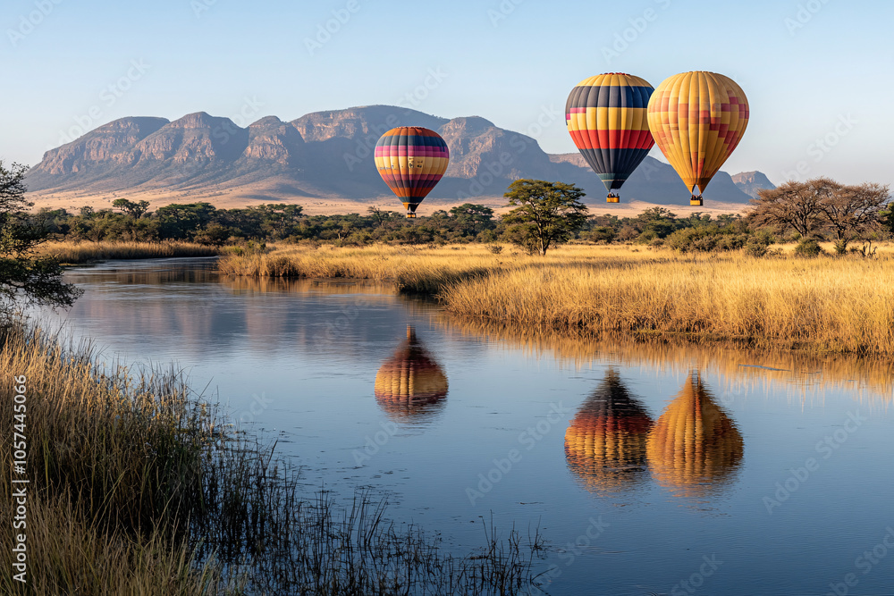 Obraz premium Hot Air balloons flying tour over Mountains landscape spring sunrise, Hot air balloon over the field