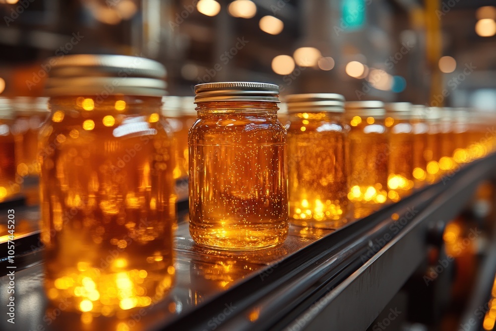 Jars filled with golden liquid on a production line, showcasing a bottling process. Jars filled with golden liquid on a production line, showcasing a bottling process.