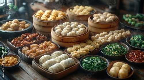 A vibrant display of various dumplings and dishes in bamboo steamers and bowls.