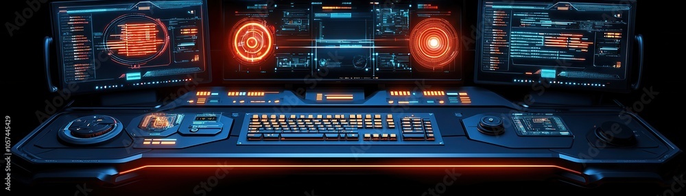 Fototapeta premium Futuristic control desk with multiple screens, illuminated interfaces, and a sleek design ideal for sci-fi scenes and technology themes.